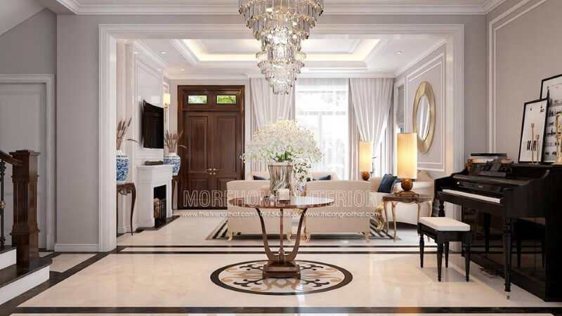 Sảnh phòng khách ấn tượng với bàn trang trí và không gian để bàn piano đẹp sang trọng. Thiết kế nội thất phòng khách