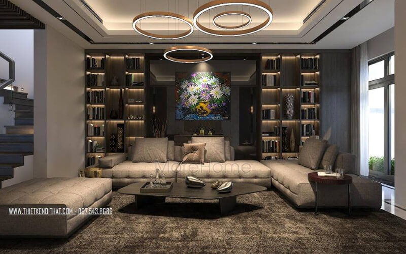 Sofa hiện đại màu xám cao cấp sang trọng tạo điểm nhấn ấn tượng cho phòng khách rộng, lớn. Thiết kế nội thất phòng khách