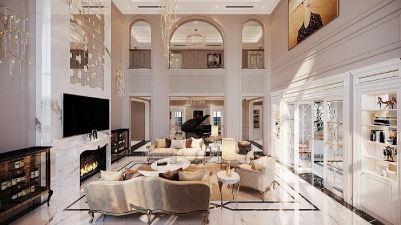 Thiết kế nội thất biệt thự Vinhomes Imperia Hải Phòng ấn tượng với phòng khách thông tầng đẹp, sang trọng. Thiết kế nội thất phòng khách