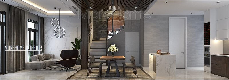 Phối cảnh trang trí hiện đại đẹp cho biệt thự nhà phố với ý tưởng thiết kế phòng khách liền bếp ăn. Thiết kế nội thất phòng khách