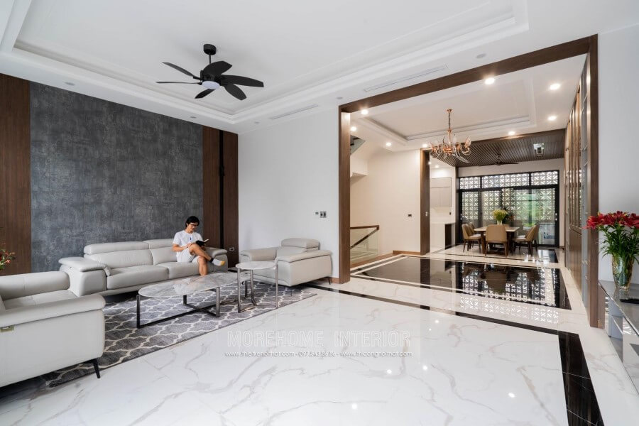 Morehome đem đến dòng sản phẩm sofa da hiện đại gồm bộ 3 món: sofa bành, sofa đơn Thi công nội thất phòng khách đẹp, sang trọng