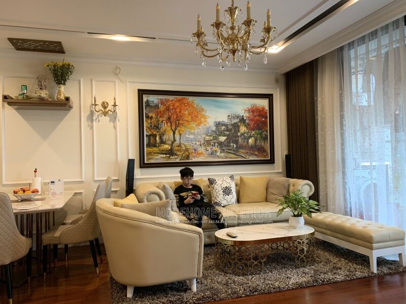 Thi công sofa phòng khách bọc da phong cách tân cổ điển đẹp cao cấp ở chung cư vinhomes nguyễn chí thanh quận đống đa hà nội Thi công nội thất phòng khách cao cấp