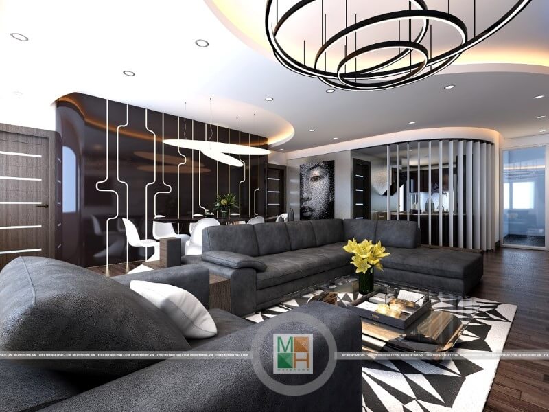 Mẫu thiết kế nội thất phòng khách chung cư hiện đại với đồ nội thất sang trọng: sofa da cao cấp, đèn trang trí, gỗ ốp sàn ,.. mang đến không gian sống đẳng cấp cho gia chủ Cập nhật những mẫu thiết kế phòng khách đẹp độc đáo