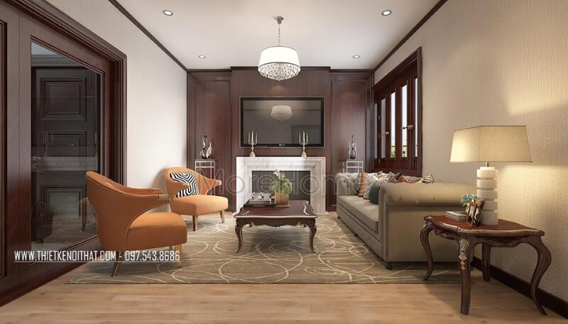 Trang trí nội thất phòng khách biệt thự tân cổ điển nhẹ nhàng, không quá cầu kì vào từng chi tiết nhỏ, tạo nên không gian sang chảnh và thoáng đãng hơn Ngắm nhìn các mẫu thiết kế phòng khách đẹp nhất