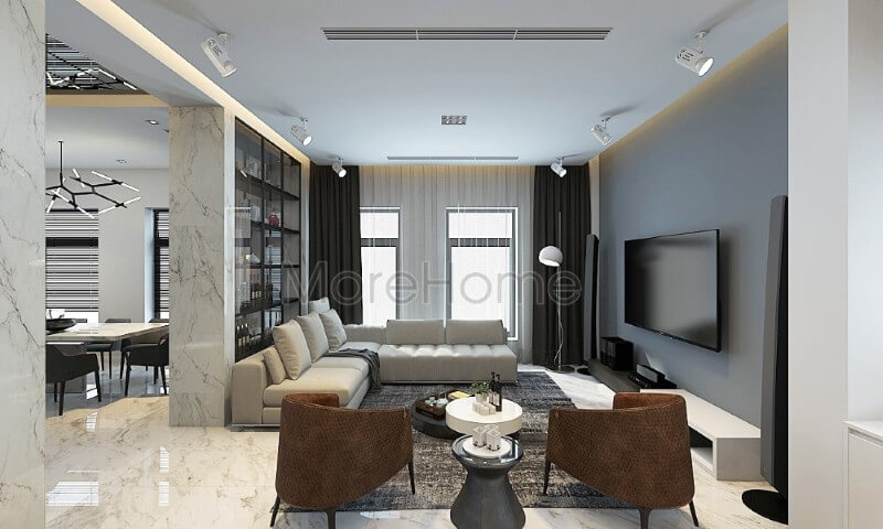 Thiết kế phòng khách nhấn mạnh đến sự tối giản, KTS Morehome sử dụng hầu hết các chi tiết trang trí và các vật dụng hiện đại, không đi sâu vào các chi tiết nhỏ giúp không gian trở nên gọn gàng, tinh tế hơn Cập nhật những mẫu thiết kế phòng khách đẹp độc đáo