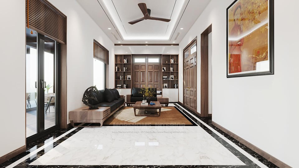 Thiết kế nội thất gỗ óc chó cho phòng khách nhà phố, không gian tiếp khách sang trọng, hiện đại Chia sẻ các mẫu bày trí phòng khách cao cấp