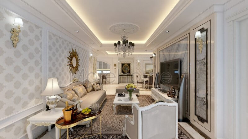 Trang trí nội thất phòng khách chung cư ấn tượng hơn với tone màu trắng sáng được sử dụng tạo điểm nhấn cho các đường nét trạm khắc tinh xảo và khéo léo. Bật mí các mẫu bố trí phòng khách đẹp tiện nghi