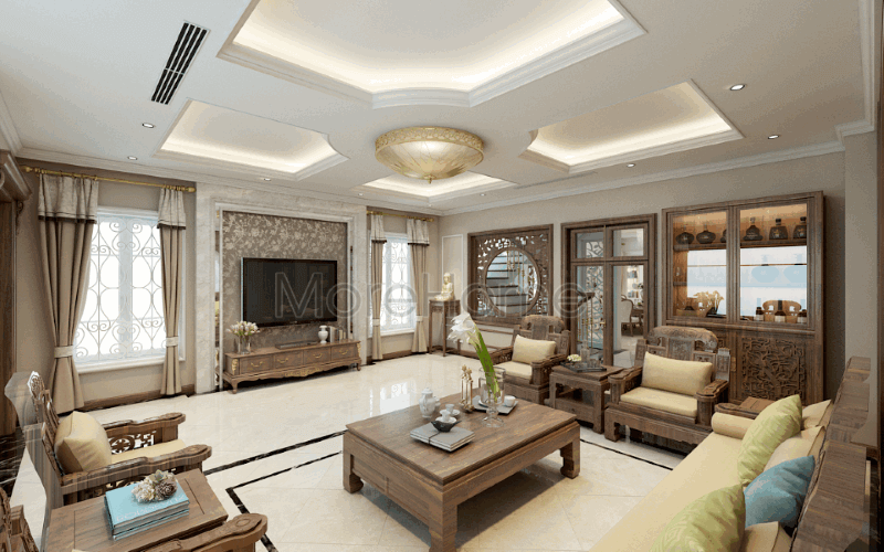 Thiết kế nội thất phòng khách phong cách Á Đông sang trọng, đẳng cấp tại biệt thự Riverside Nguyễn Duy Trinh, Quận 2, Tp. Hồ Chí Minh. Bật mí các mẫu bố trí phòng khách đẹp tiện nghi