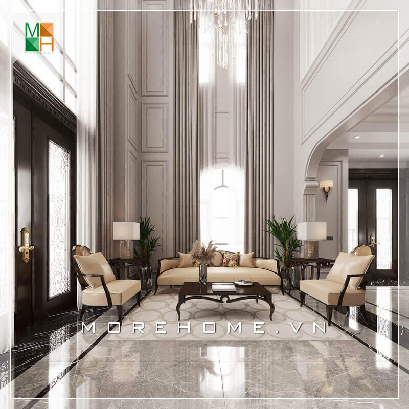 Thiết kế không gian phòng khách tân cổ điển rộng và đẳng cấp với mẫu bàn ghế phòng khách bàn gỗ tự nhiên cao cấp, ghế sofa bọc da sang trọng. Xu hướng các mẫu thiết kế phòng khách cao cấp