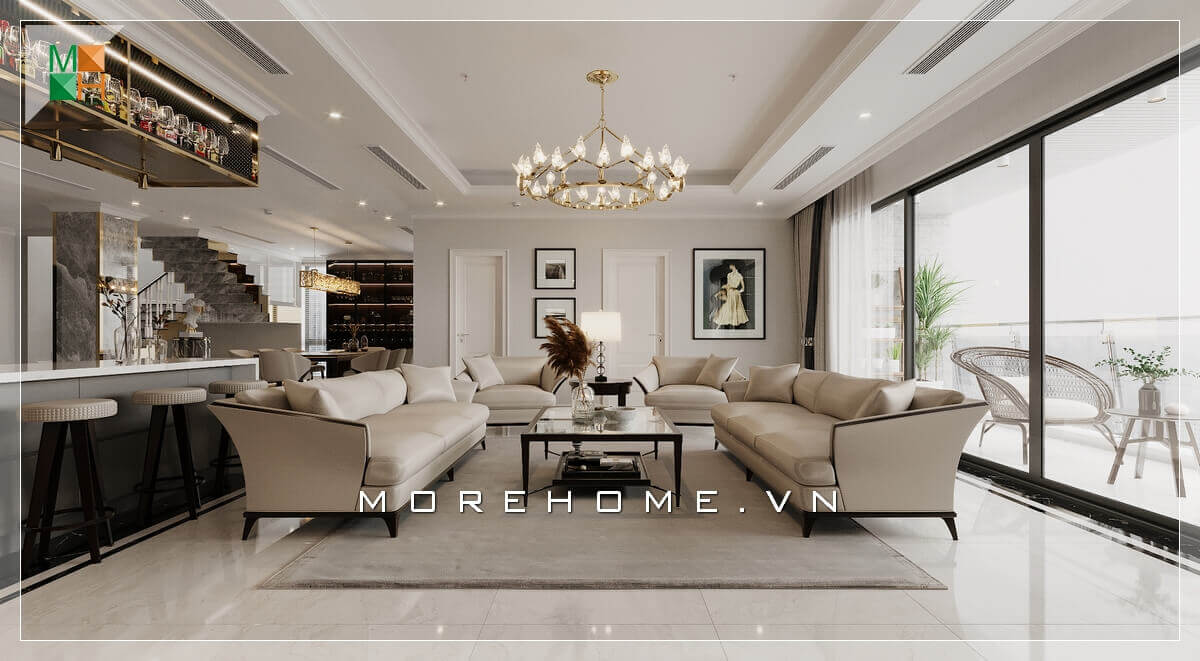 Mẫu sofa cao cấp đẹp, sang trọng, chất liệu chính của bộ bàn ghế sofa là bọc da chân gỗ đẹp màu trắng sữa phù hợp với tone màu chủ đạo của căn nhà. Xu hướng các mẫu thiết kế phòng khách cao cấp