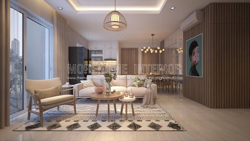 Không gian phòng khách với đồ nội thất cần thiết thiết kế hiện đại đẹp mắt được phân cách bởi tấm thảm trải sàn họa tiết lạ mắt, mang đến sự thu hút đặc biệt Top các mẫu thiết kế phòng khách sang trọng và tiện nghi nhất