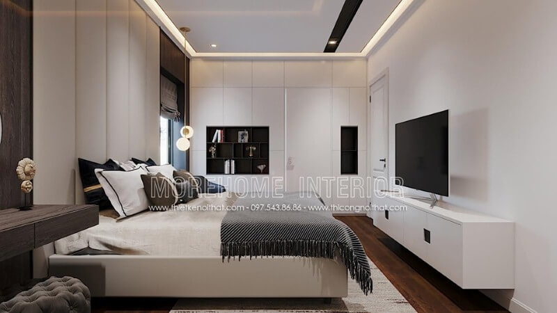 Phòng ngủ hiện đại đẹp ấn tượng với nội thất gỗ công nghiệp sơn trắng. Thiết kế chung cư