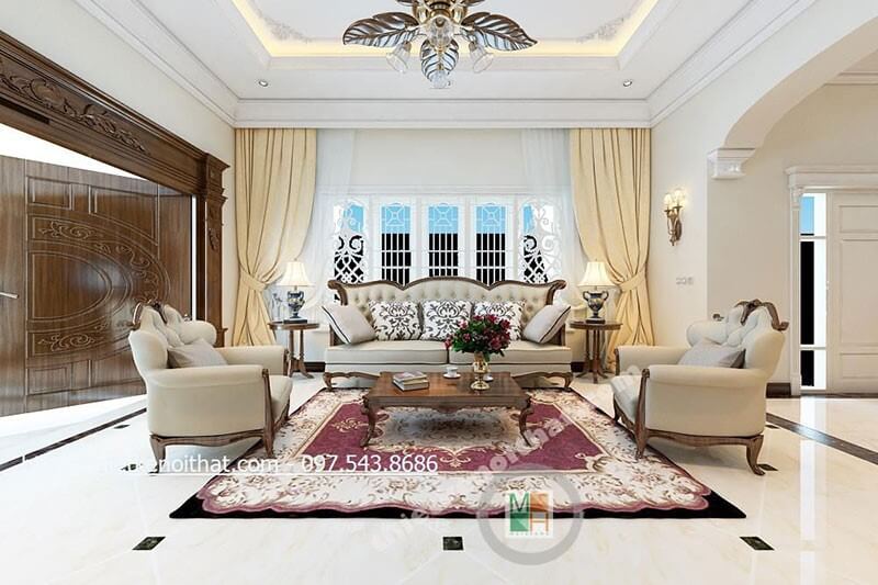 Thiết kế phòng khách rộng với nội thất gỗ tự nhiên tone màu trắng tạo không gian phòng cao cấp sang trọng Tư vấn mẫu thiết kế phòng khách sang trọng