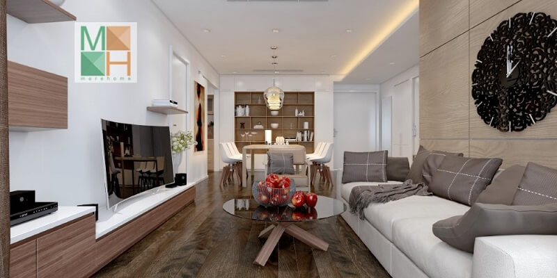 Trang trí phòng khách chung cư hiện đại với đồ nội thất nhỏ gọn tiện nghi: đồng hồ treo tường độc đáo, kệ ti vi, bộ sofa màu trắng Tiết lộ những mẫu bày trí phòng khách đẹp sang trọng hiện nay