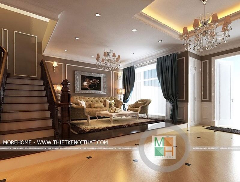 Thiết kế nội thất phòng khách với những chi tiết từ tranh ảnh, đèn tạo nét tân cổ điển ấn tượng, sang trọng hơn cho căn phòng Liệt kê các mẫu thiết kế phòng khách hot nhất hiện nay