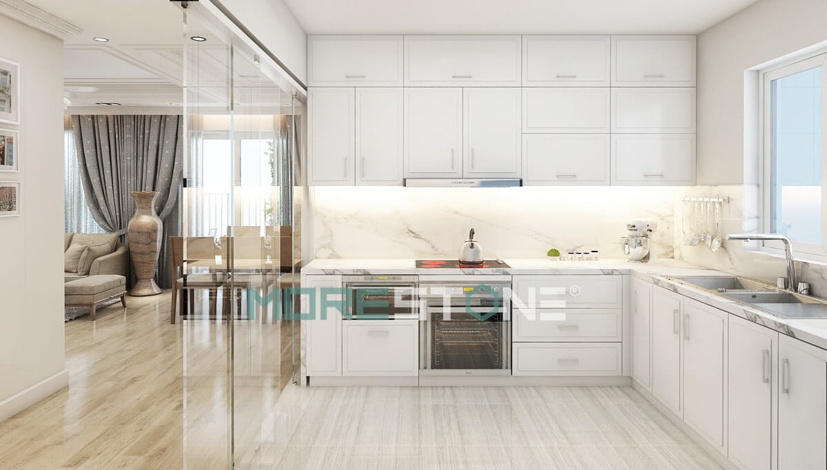 Đá trắng vân mây có độ cứng cao, chịu nhiệt tốt đá ốp bếp cao cấp