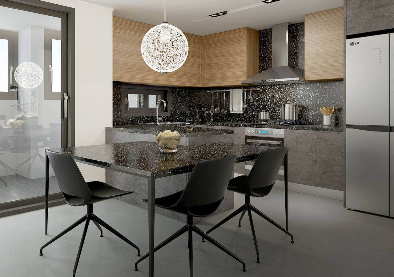 Tông màu đen phù hợp với mọi thiết kế phòng bếp chung cư, biệt thự đá ốp bếp cao cấp