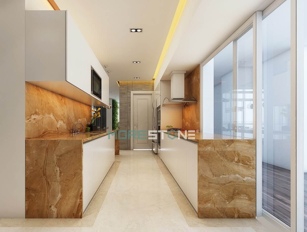 Thiết kế đá ốp bếp tông màu vàng sang trọng với những đường vân đá mềm mại tạo điểm nhấn đặc biệt cho không gian bếp chung cư đá ốp bếp cao cấp