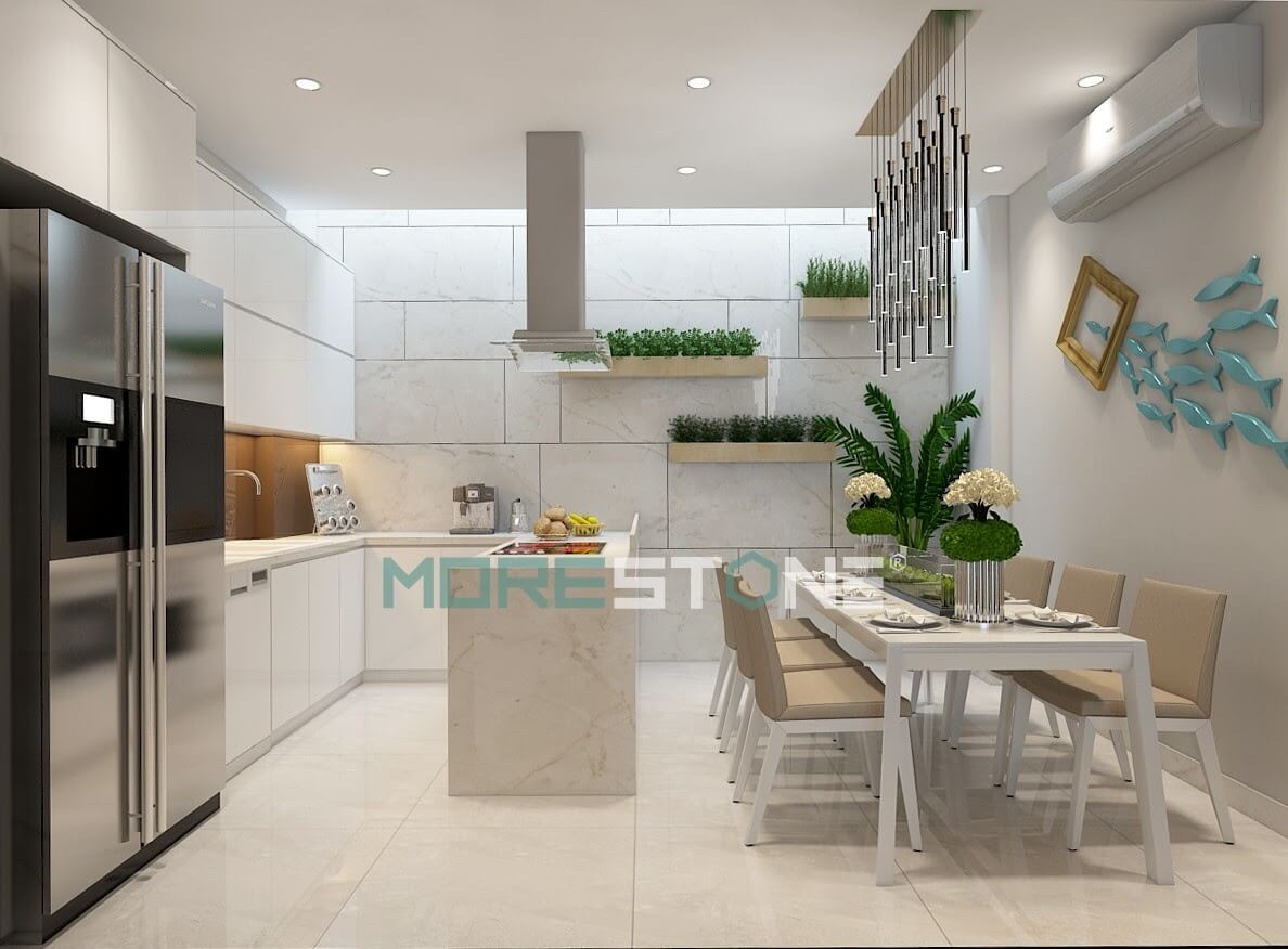 Gợi ý thiết kế độc đáo mẫu tủ bếp theo phong cách không gian mở, tối ưu hóa công năng kết hợp mặt đá bếp sang trọng đá ốp bếp cao cấp