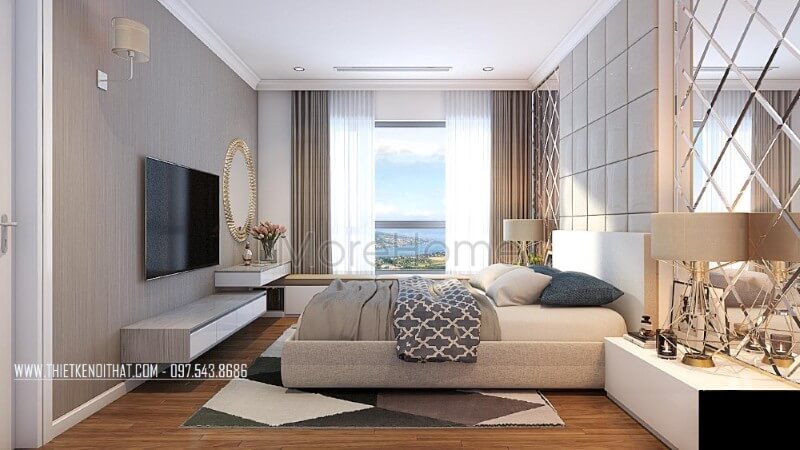 Hệ tủ gỗ công nghiệp đa ngăn treo tường hợp lí vừa giúp nhấn mạnh sự tiện nghi lại không làm ảnh hưởng đến tính thẩm mỹ của căn phòng Bố trí nội thất chung cư