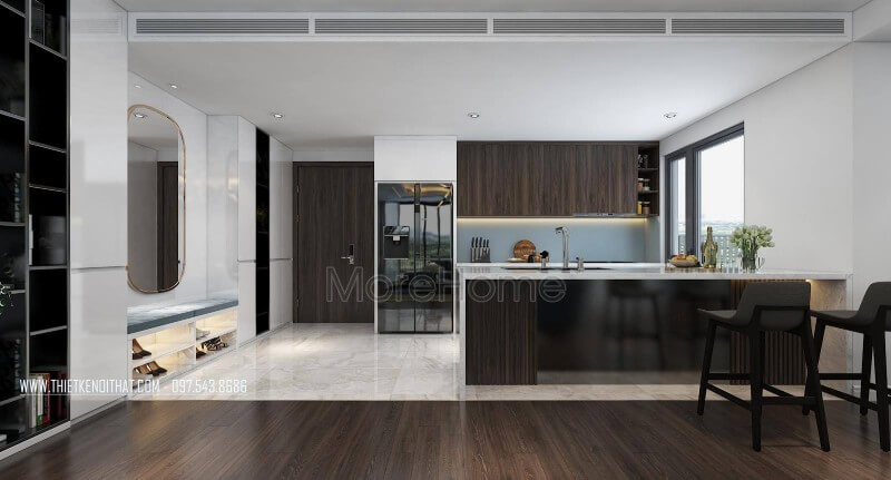 Liên thông với không gian phòng khách là không gian phòng bếp thiết kế ấn tượng Mẫu nội thất chung cư đẹp