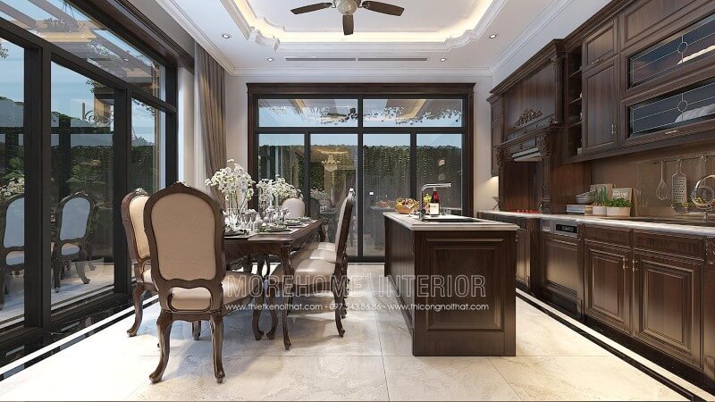 Sự kết hợp hài hòa giữa những đường nét tinh tế của phong cách tân cổ điển và sự trẻ trung, năng động của phong cách hiện đại, tủ bếp gỗ óc chó nhập khẩu mang đến không gian sang trọng và đầy tinh tế Tủ bếp đẹp, tủ bếp đẹp hiện đại, tủ bếp An Cường, tủ bếp cao cấp