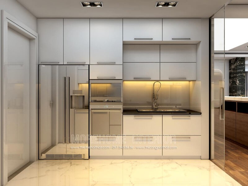 Tủ bếp chữ i được làm từ gỗ công nghiệp màu trắng với lối thiết kế kịch trần tạo nên không gian bếp thoáng rộng hơn Tủ bếp đẹp, tủ bếp đẹp hiện đại, tủ bếp An Cường, tủ bếp cao cấp