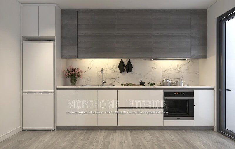 Mẫu tủ bếp đẹp giá rẻ với hai tông màu đối lập xám – trắng cho không gian ấn tượng, lạ mắt Tủ bếp đẹp, tủ bếp đẹp hiện đại, tủ bếp An Cường, tủ bếp cao cấp