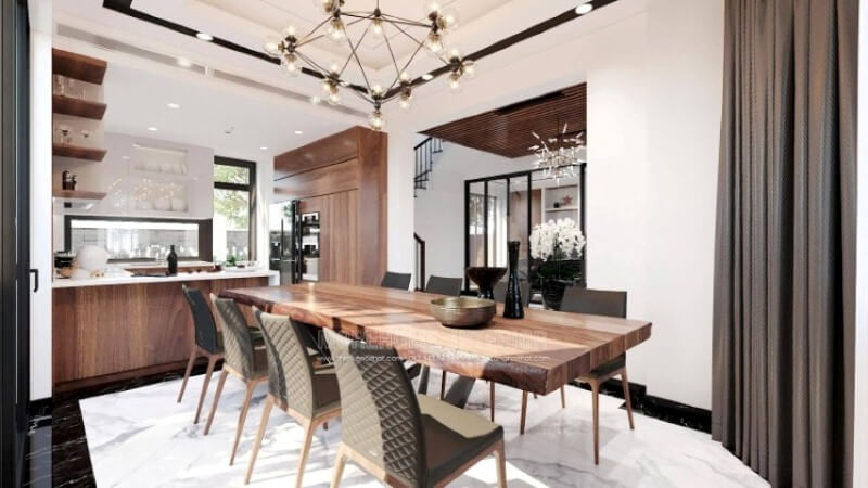 Sẽ là một gợi ý sáng tạo sẽ khiến bạn thích thú như trong ý tưởng bố trí không gian bếp hiện đại biệt thự Vinhomes Imperia Hải Phòng trong đây, bố trí kệ trang trí ở vị trí gần bàn ăn nhất giúp bạn lấy ly, chén một cách thuận tiện. Thiết kế phòng bếp, tủ bếp đẹp