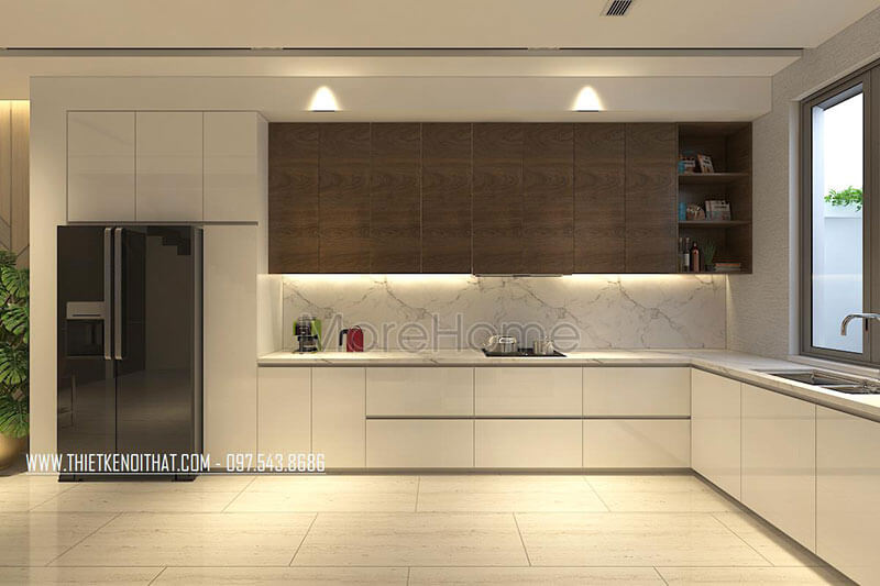 Thiết kế phòng bếp hiện đại với tông màu nội thất trắng - nâu tạo nên sự tinh tế cho căn bếp Thiết kế phòng bếp, tủ bếp đẹp