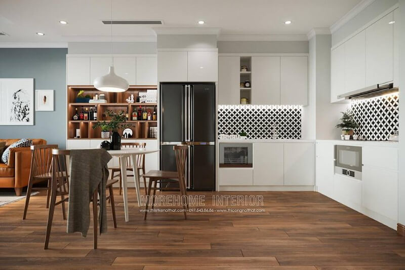 Hệ thống bếp được thiết kế với chất liệu gỗ công nghiệp thiết kế hiện đại và tiện nghi mẫu tủ bếp gỗ công nghiệp An Cường