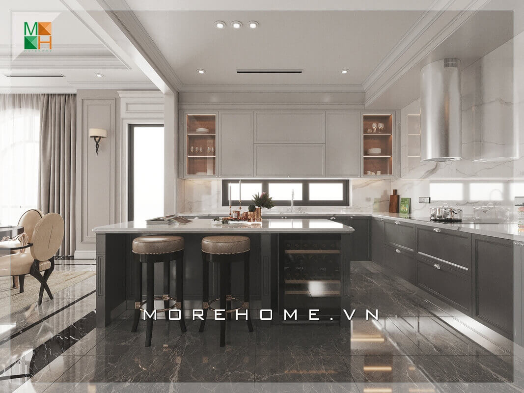 Mẫu tủ bếp hiện đại từ tủ bếp treo tường đến đảo tủ hai ghế tròn bọc da không tựa, tất cả đều thiết kế hoàn hảo biến căn phòng bếp biệt thự trở nên sống động và tiện nghi. Thiết kế phòng bếp hiện đại