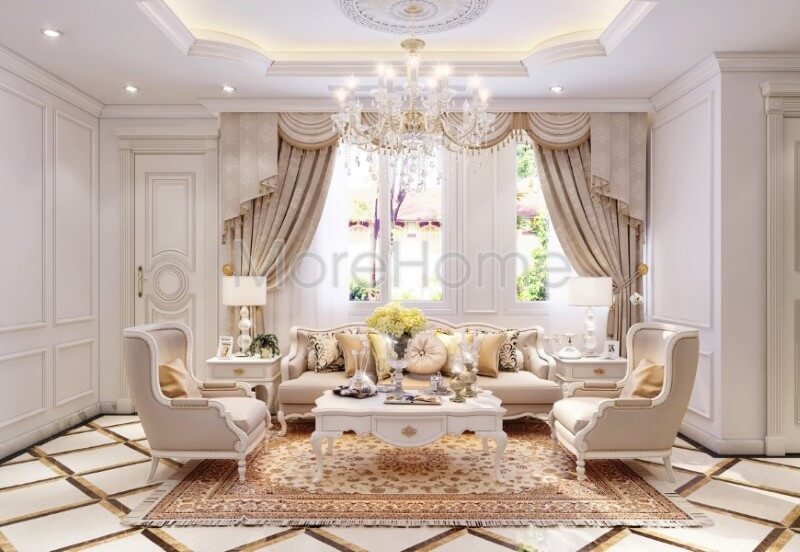 Thiết kế sofa phòng khách biệt thự tân cổ điển tinh tế trong từng đường nét, mỗi một chi tiết đều toát lên sự tinh xảo mà đơn thuần chỉ là những nét lượn đầy gợi cảm từ phần chân ghế hay tưa lưng... Sofa tân cổ điển cao cấp