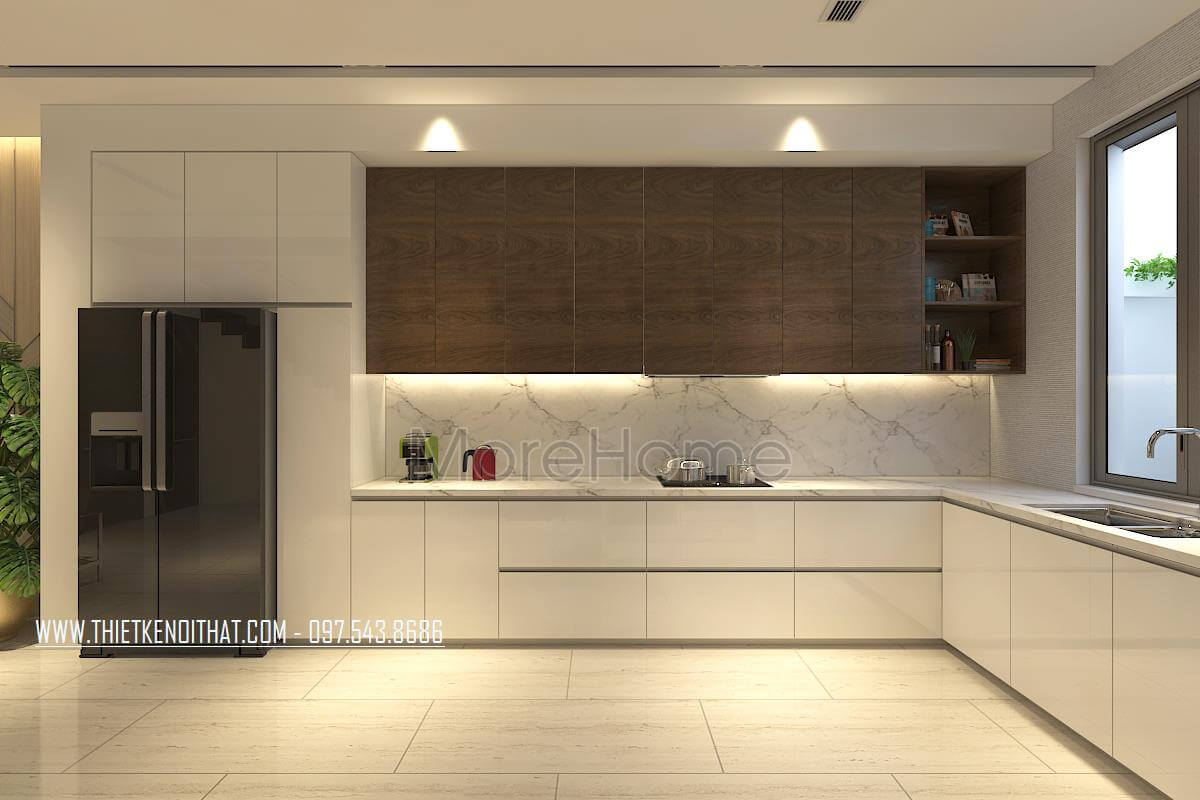 Mẫu tủ bếp treo gỗ công nghiệp màu nâu hiện đại với nhiều ngăn tủ tiện nghi cho người nội trợ. Tủ bếp màu nâu