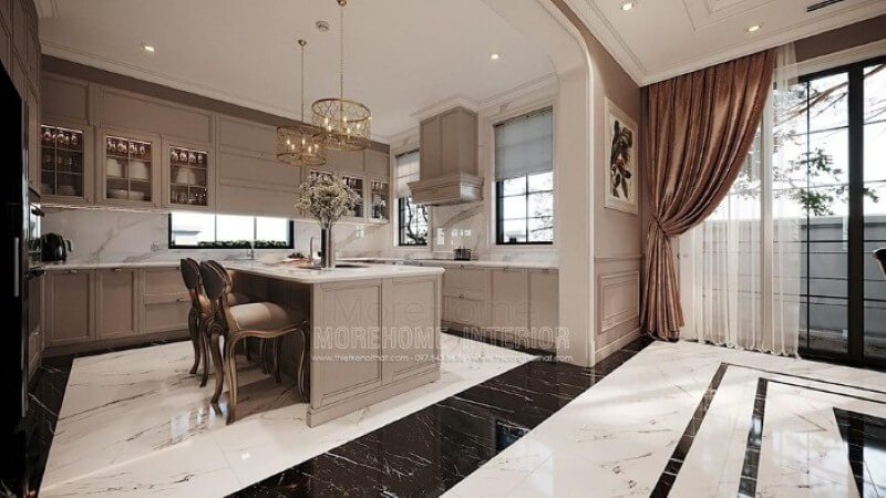 Mẫu tủ đảo bếp gỗ tự nhiên gam màu nâu nhạt kết hợp cùng đá ốp lát tạo nên vẻ đẹp nhẹ nhàng, thanh lịch nhưng không kém phần sang trọng tại biệt thự cao cấp Hải Phòng. Tủ bếp màu nâu