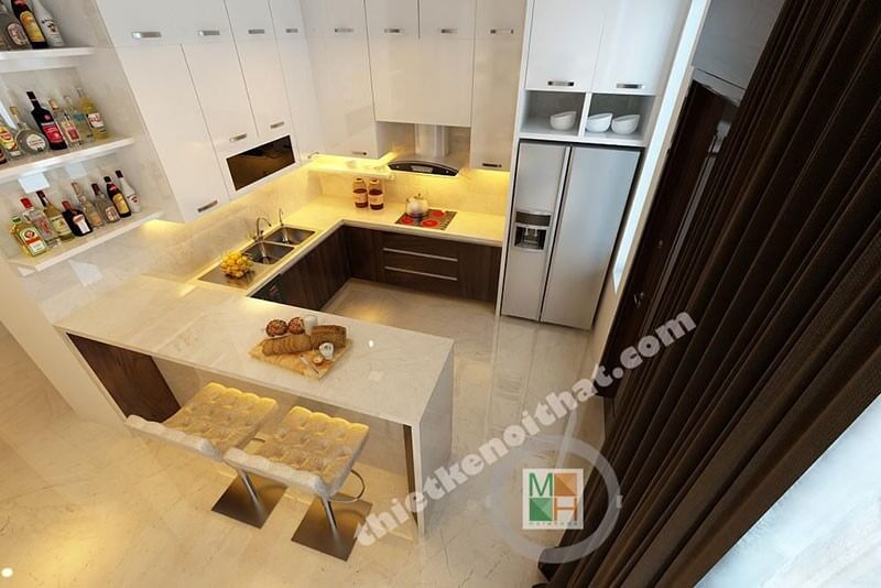 Mẫu tủ bếp chữ L gỗ công nghiệp hiện đại, bề mặt ốp đá cao cấp mang đến không gian sạch sẽ cho người nội trợ. Tủ bếp màu nâu