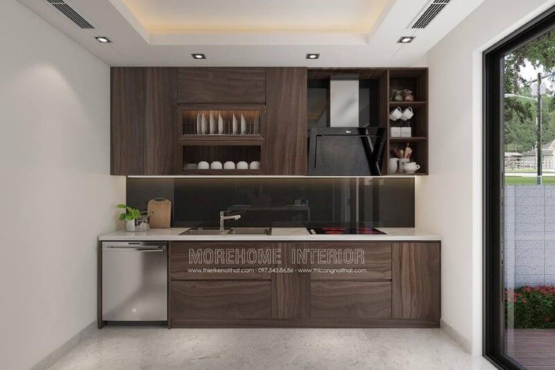 Kính ốp bếp màu đen đẹp ấn tượng trong không gian bếp hiện đại.