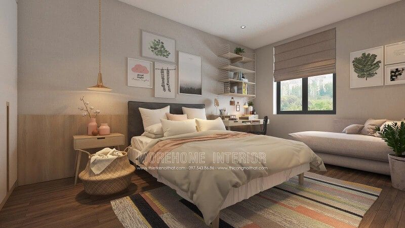 Gạch giả gỗ ốp tường cùng cách sắp xếp hiện đại, độc đáo đã tạo nên phòng ngủ trẻ trung, sinh động.