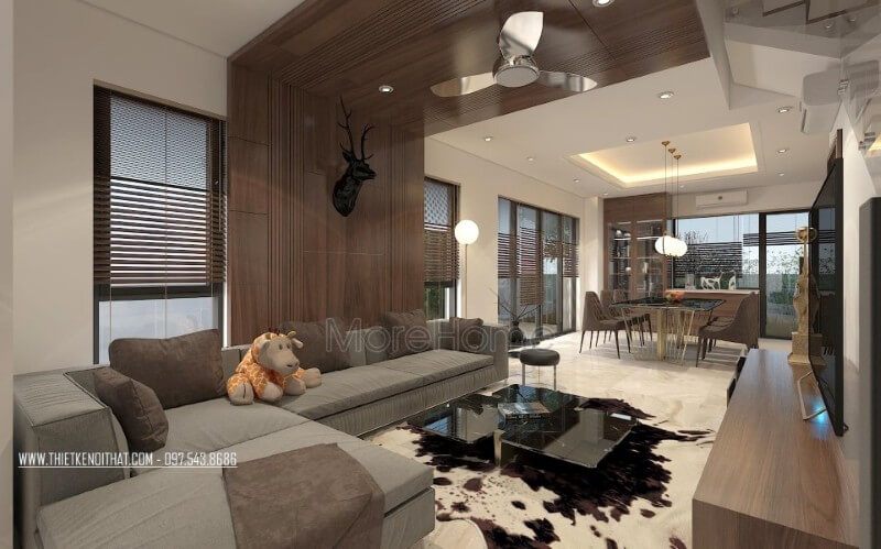 Bộ sofa chữ L vừa khít không gian, gợi mở một không gian thiết kế nội thất phòng khách biệt thự gọn gàng, ngăn nắp