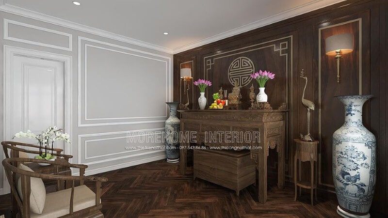 Trang trí nội thất phòng thờ gỗ óc chó đẹp sang trọng ấn tượng từ nội thất gỗ óc chó cao cấp cùng cách kết hợp đồ khéo léo từ tủ thờ, tấm ốp tường chữ Thọ, kệ trang trí, bộ ghế bành đẹp mắt.