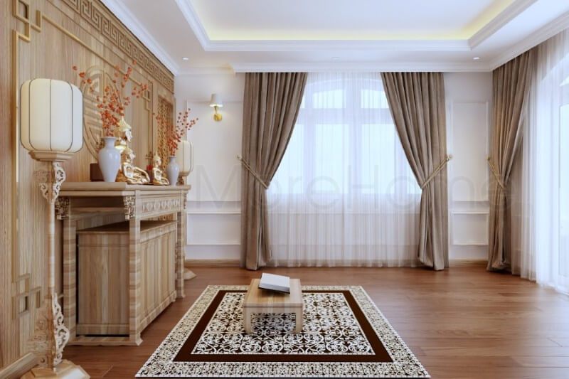 Nội thất phòng thờ gỗ tự nhiên với gam màu vàng nhẹ nhàng chủ đạo mang đến sự an nhiên, linh thiêng và thư thái cho gia chủ