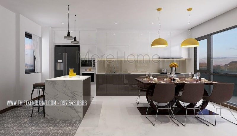 Tủ bếp đảo gỗ An Cường hiện đại lồng được bố trí khá đặc biệt với đảo bếp thiết kế theo cạnh chữ L với tủ bếp và nhường chỗ cho bộ bàn ghế ăn vừa tạo nên sự tiện nghi vừa mang lại không gian hài hòa, đẹp mắt, sang trọng.