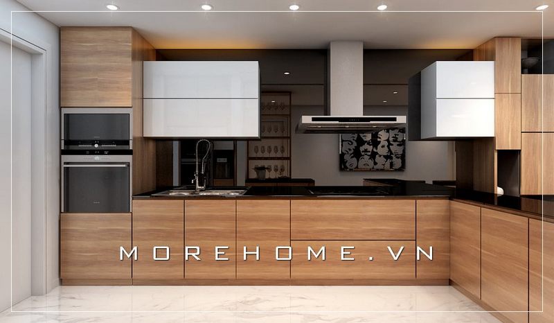 Mẫu tủ bếp gỗ công nghiệp tông màu nâu sáng, mặt tủ ốp đá bếp màu đen cao cấp mang đến căn bếp sạch sẽ và tiện nghi nhất cho người nội trợ