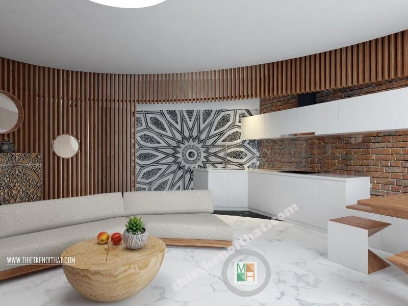 Mẫu thiết nội thất chung cư Green Stars Phạm Văn Đồng độc đáo thay vì sử dụng thiết kế vuông hay chữ nhật thường thấy, kiến trúc sư tạo mô hình không gian hình Elip và xuyên suốt giữa 3 không gian phòng khách, bếp và phòng ăn mang tới không gian sử dụng tối ưu cho người dùng.