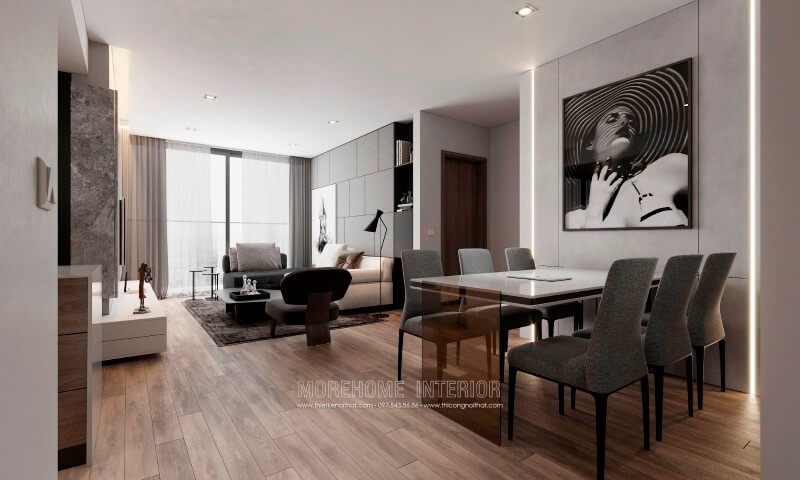 Nội thất chung cư hiện đại được thiết kế đơn giản tông màu xám, tường sử dụng màu xám trắng kết hợp vật liệu gỗ tạo không gian sang trọng, thoáng đãng và tiện nghi hơn