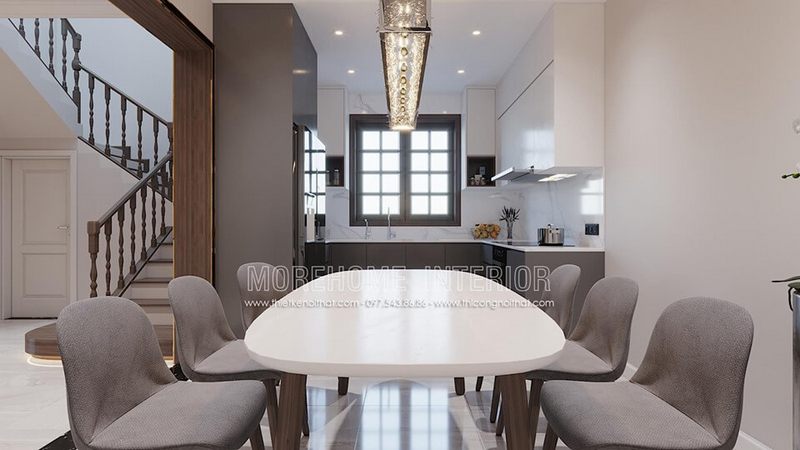 Thiết kế nội thất phòng ăn đơn giản nhẹ nhàng nhưng không kém phần sang trọng