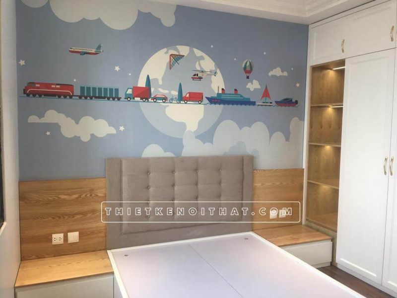Giường ngủ gỗ công nghiệp đầu giường bọc vải cho phòng ngủ của bé