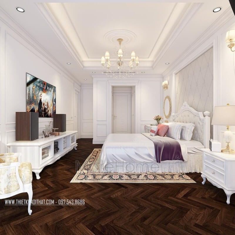 Với tone màu trắng nhẹ nhàng, kệ ti vi gỗ tự nhiên mang lại hiệu ứng cảm xúc tích cực, giúp thiết kế phòng ngủ chung cư trở nên ấm áp, an toàn