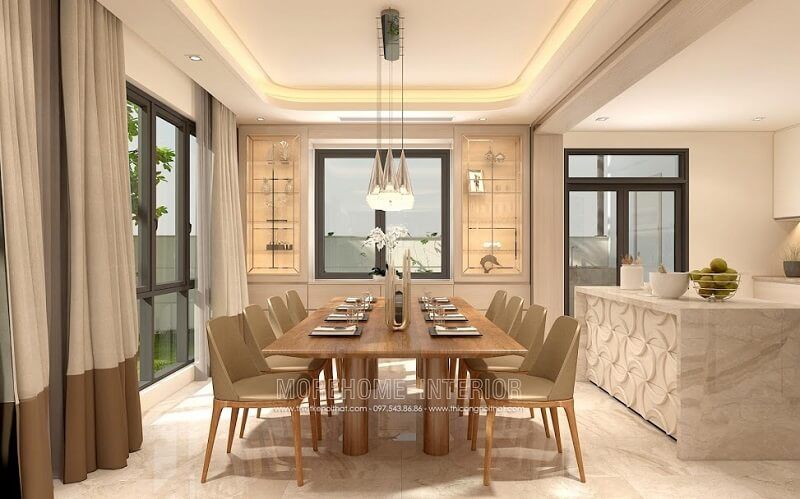 Ấn tượng với bộ bàn ăn gỗ màu vàng cao cấp với những đường vân tinh tế, đường nét đơn giản cuốn hút tạo điểm nhấn nổi bật cho căn phòng