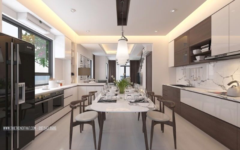 Trang trí nội thất phòng bếp hiện đại nhưng nhẹ nhàng, sang trọng.